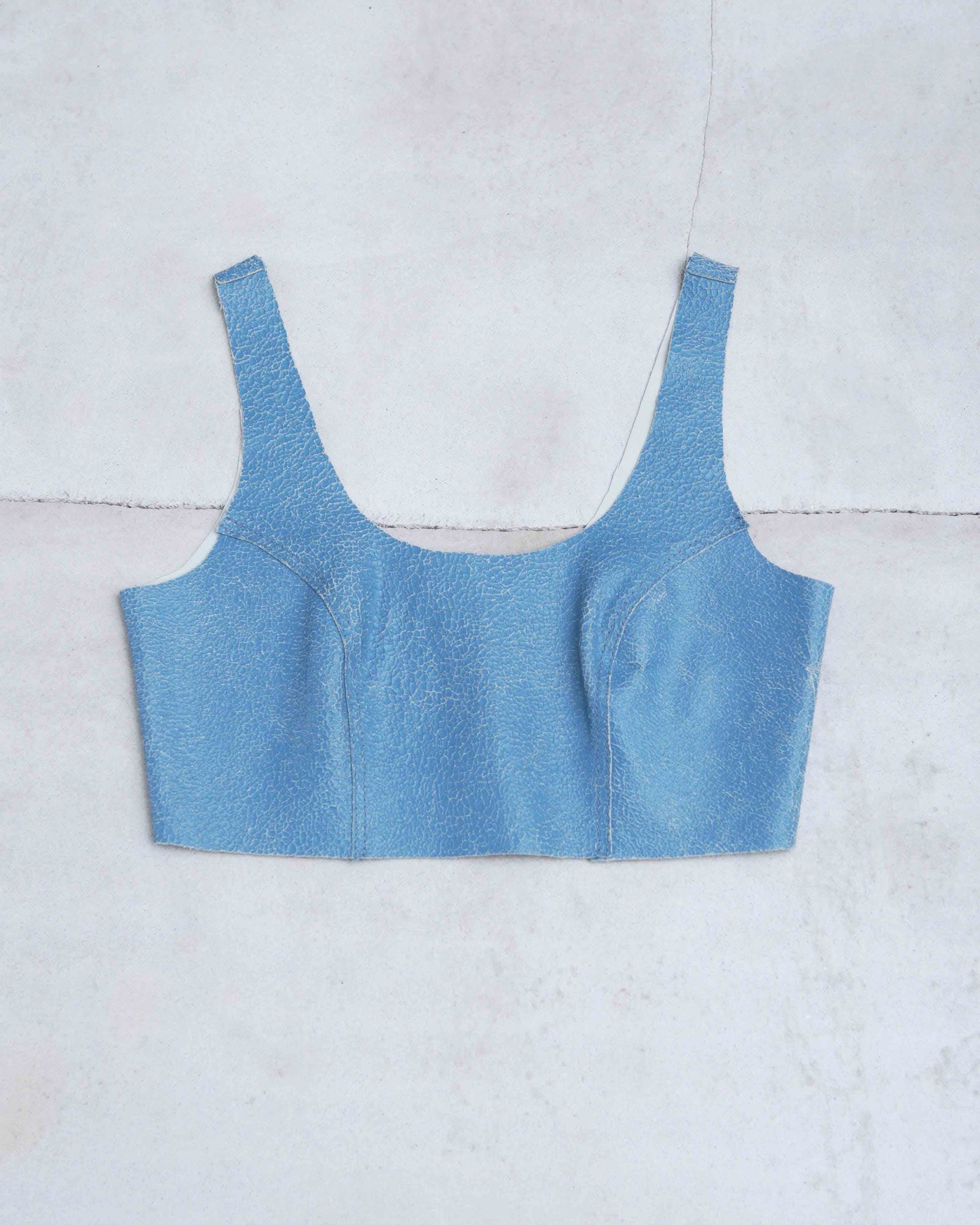 distressed leather blue cropped top