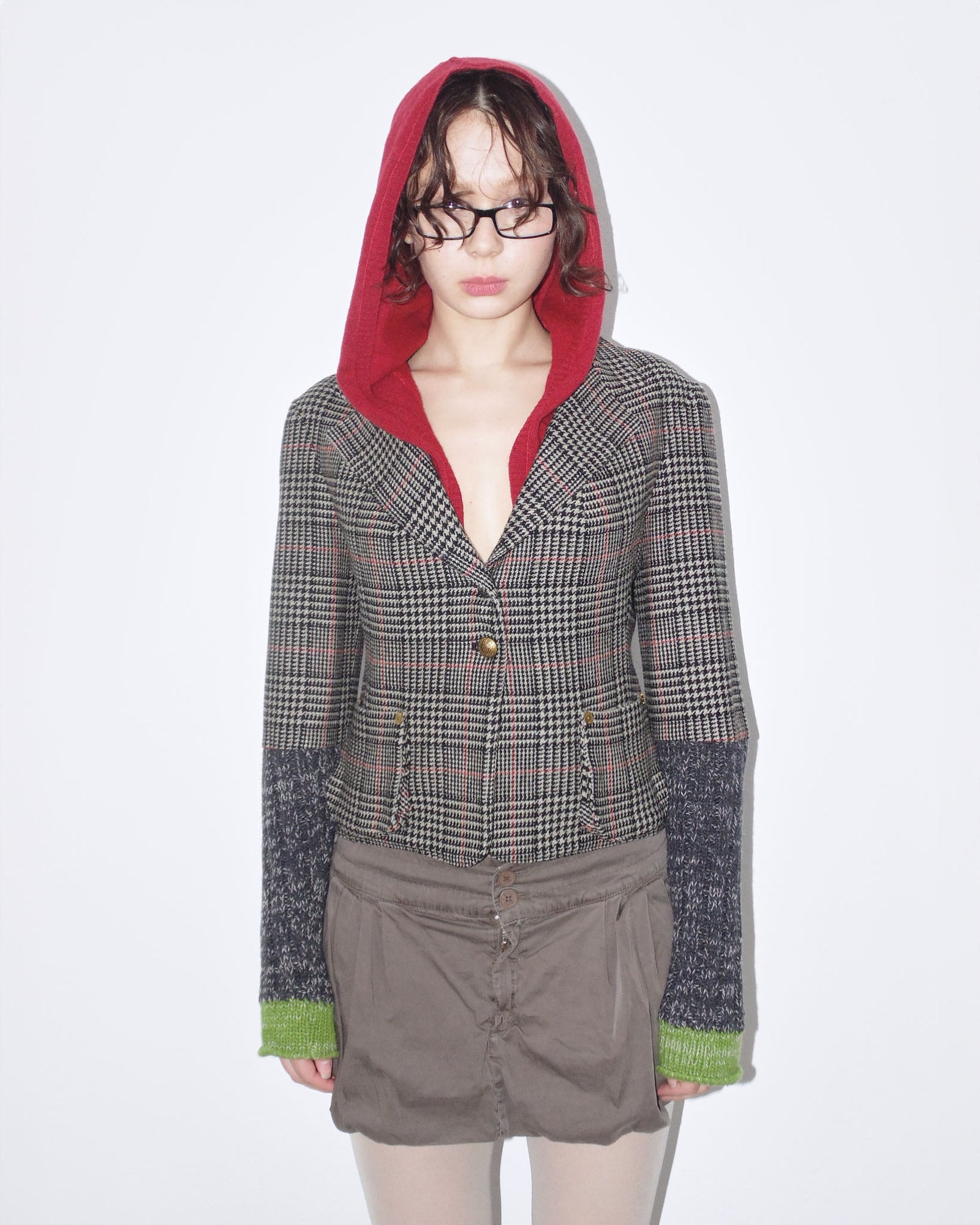 fun plaid blazer with red hood