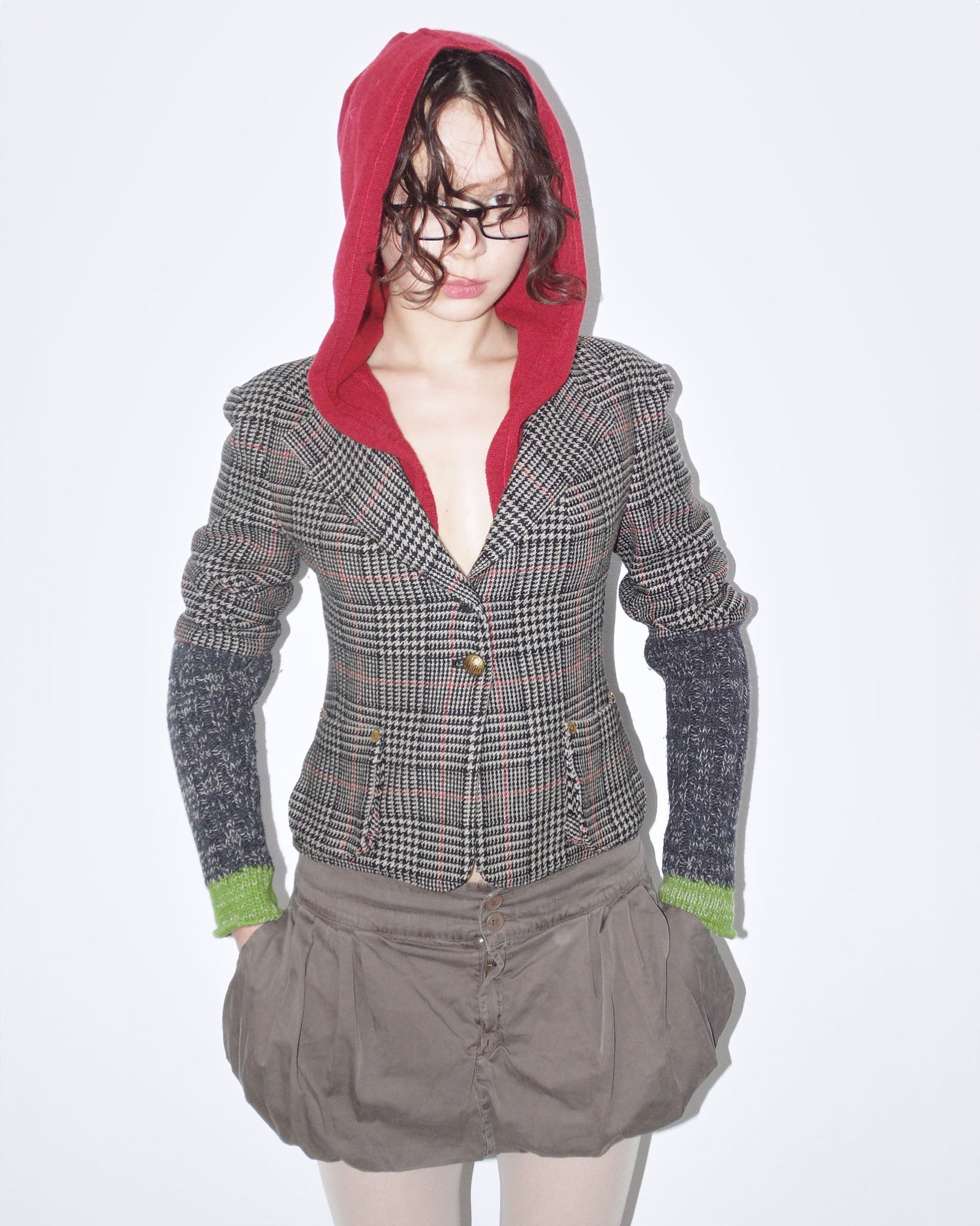 fun plaid blazer with red hood