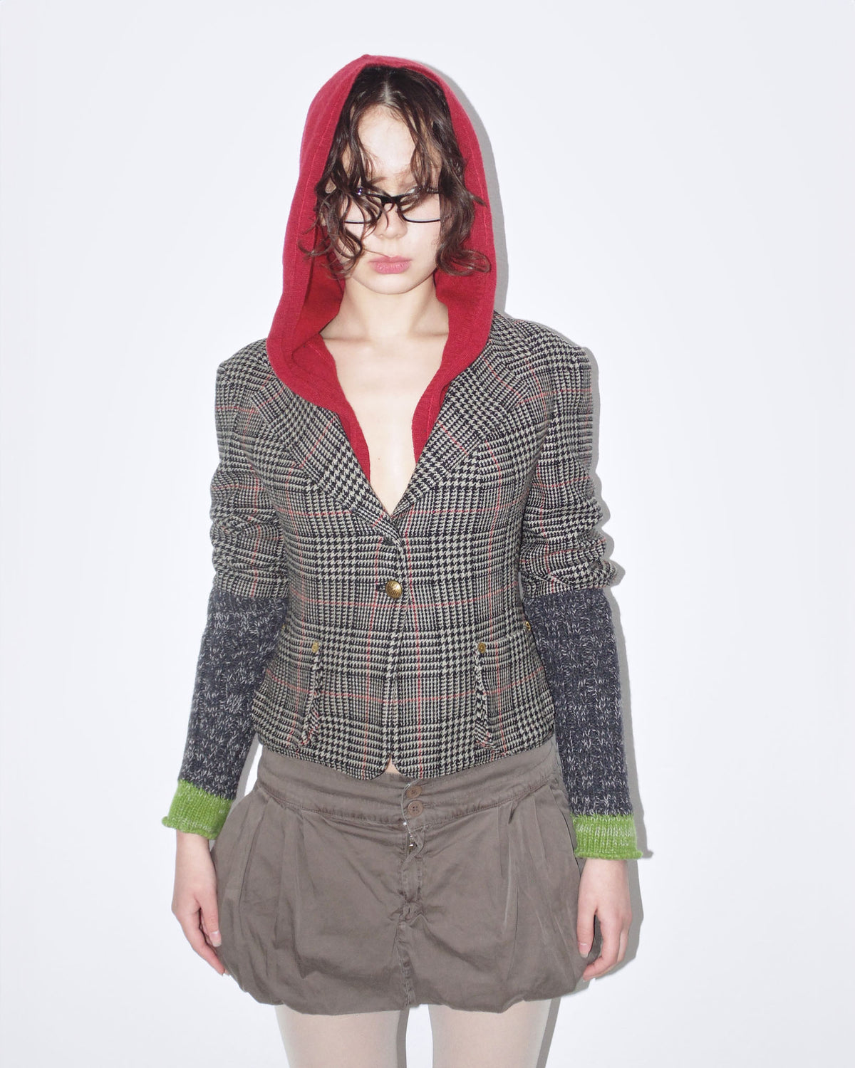 fun plaid blazer with red hood