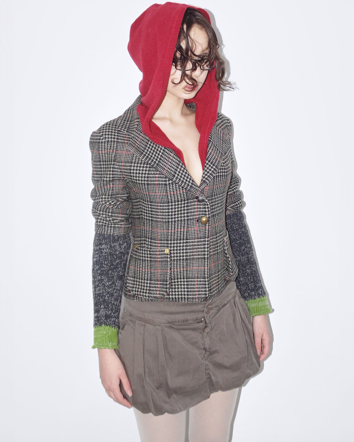 fun plaid blazer with red hood