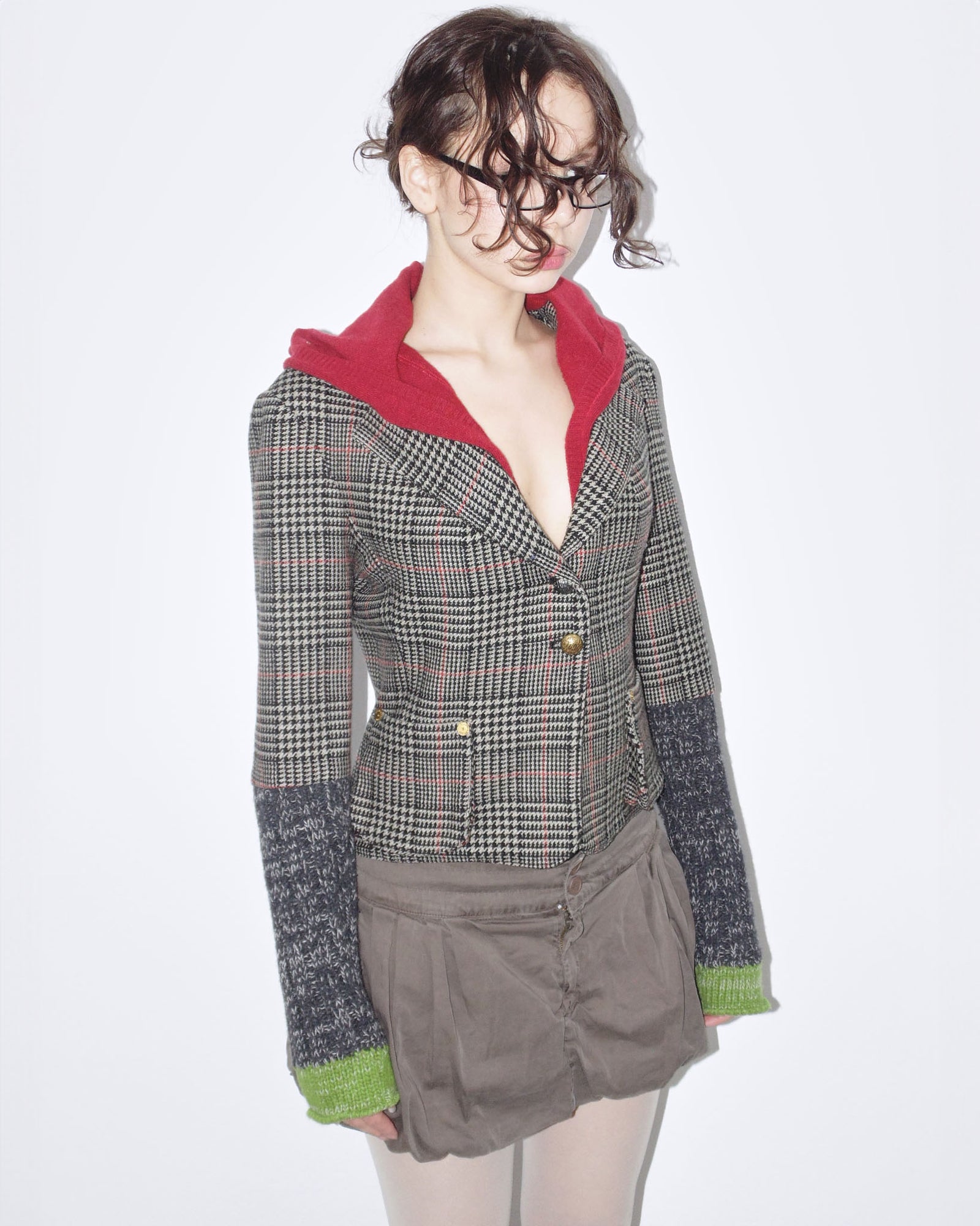 fun plaid blazer with red hood