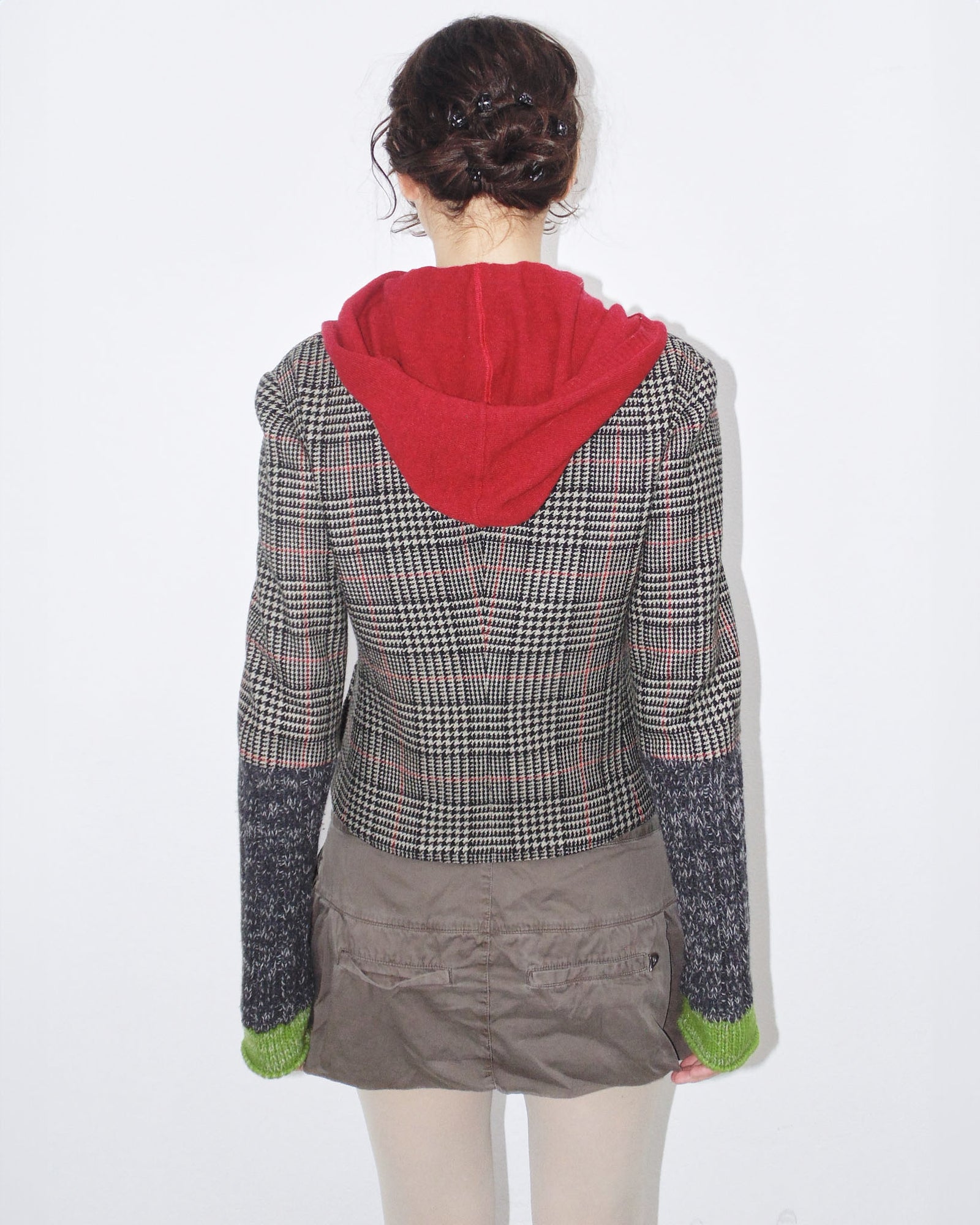 fun plaid blazer with red hood