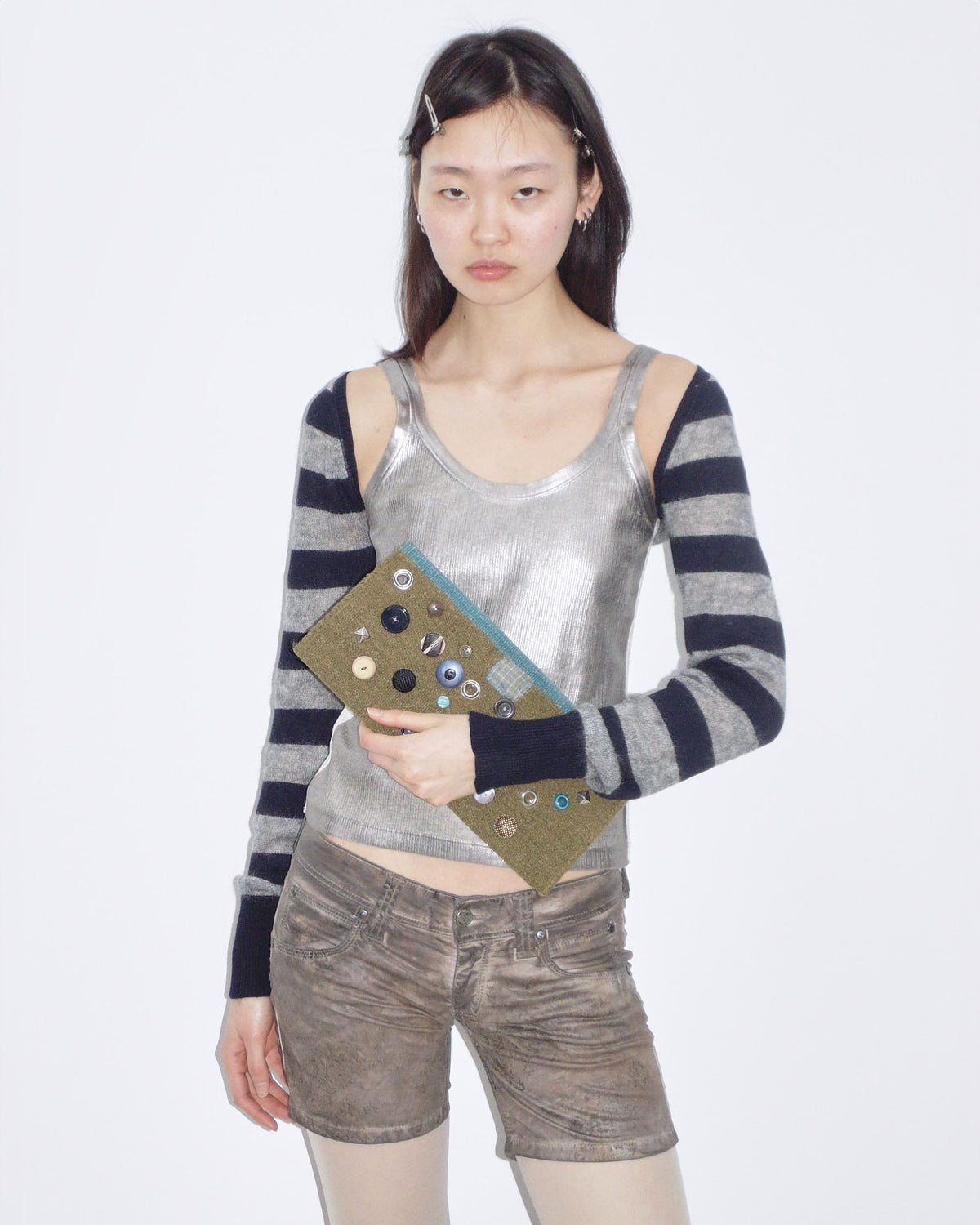 khaki button studded clutch bag