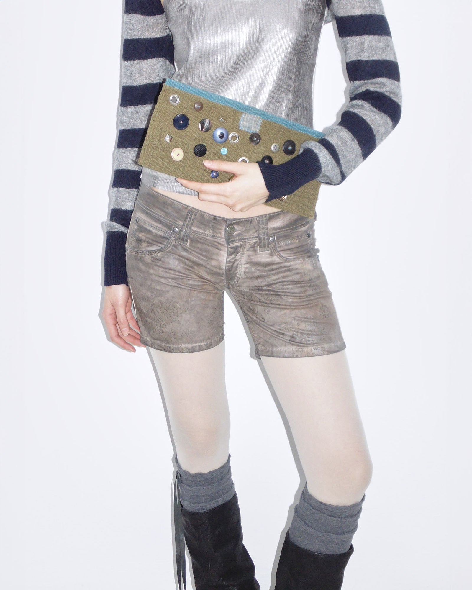khaki button studded clutch bag