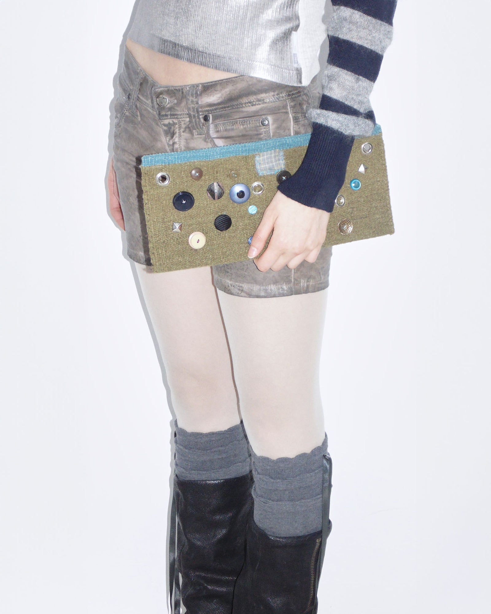 khaki button studded clutch bag
