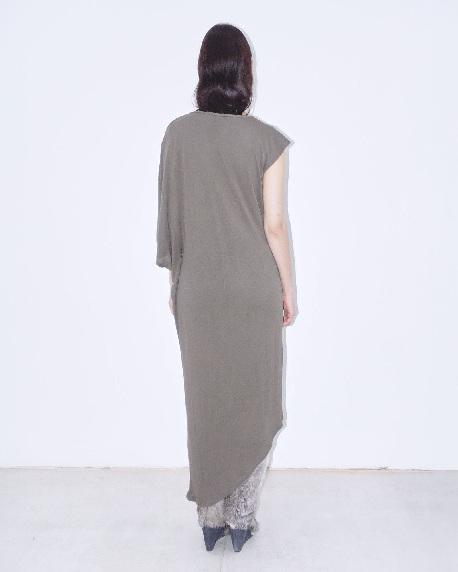 khaki dress with asymmetrical sleeves