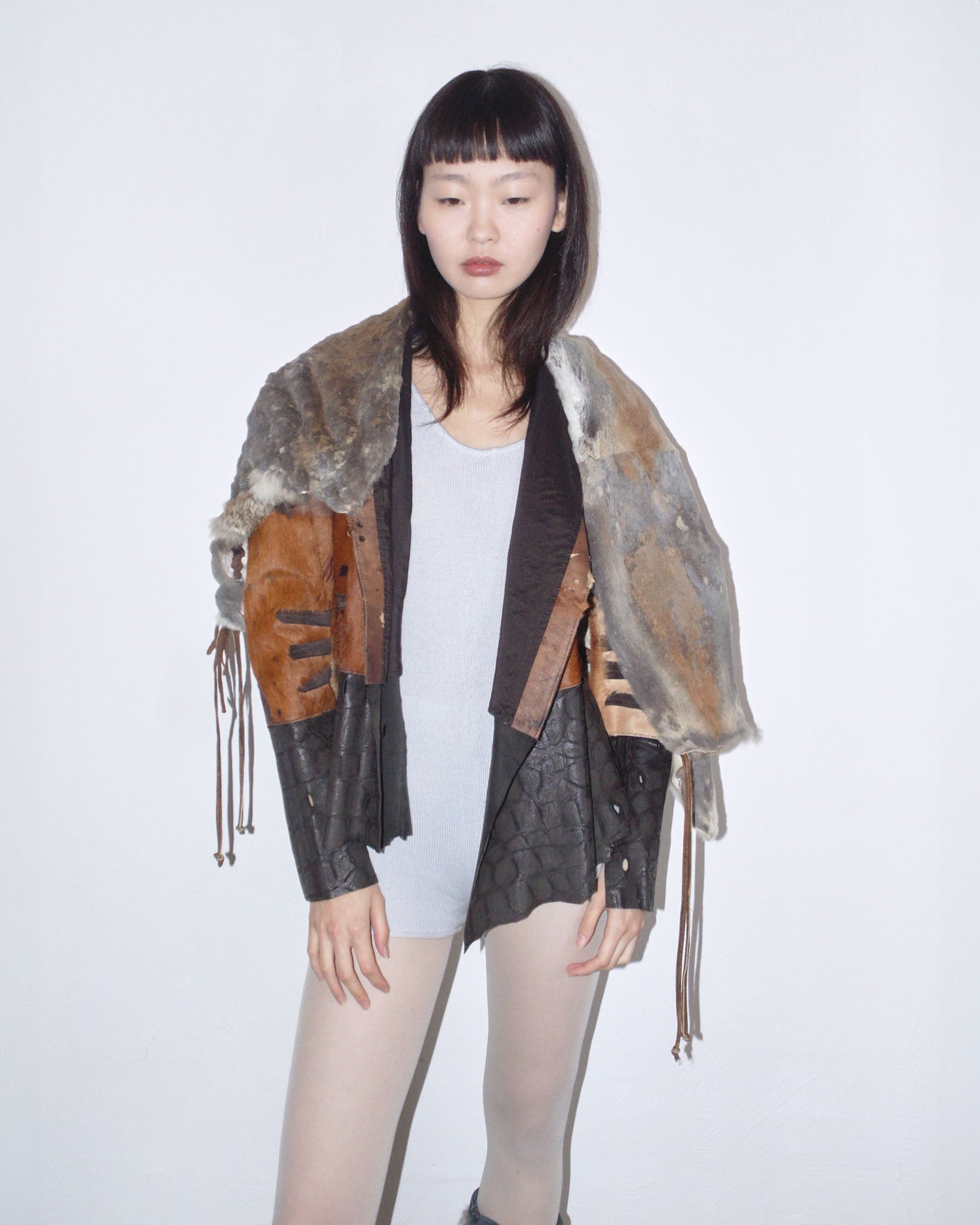 raw cut leather and fur patchwork jacket – ANEMONIA