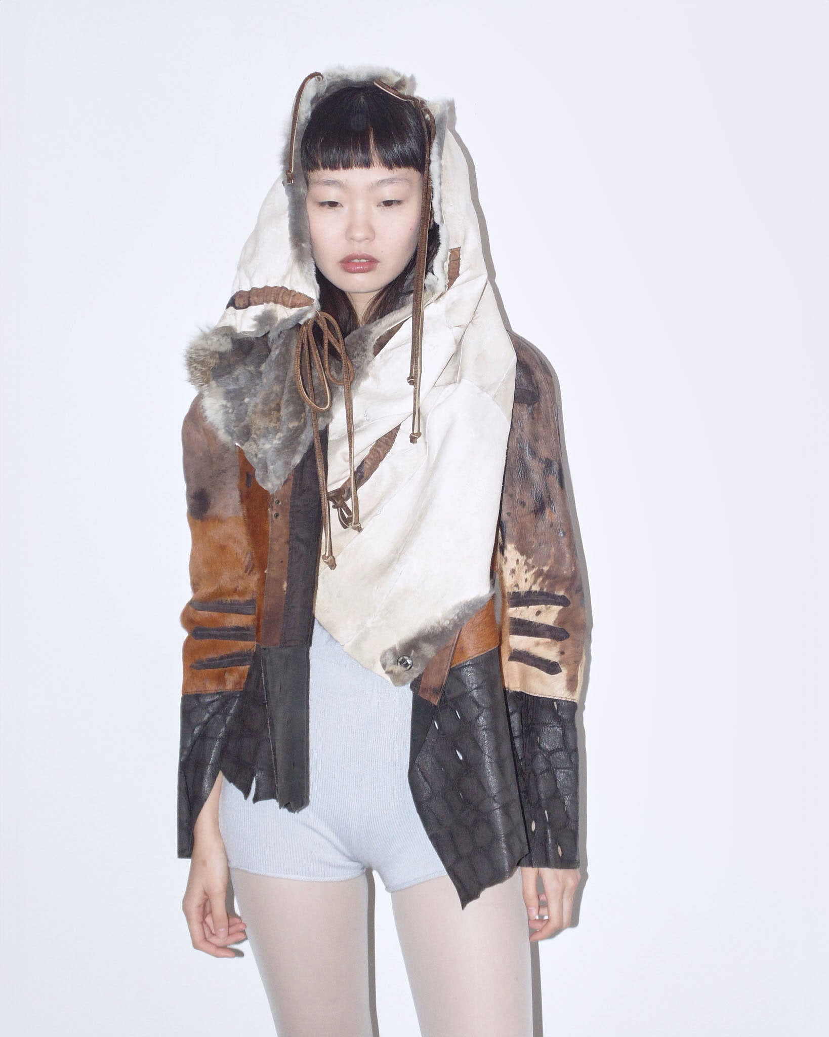 raw cut leather and fur patchwork jacket – ANEMONIA