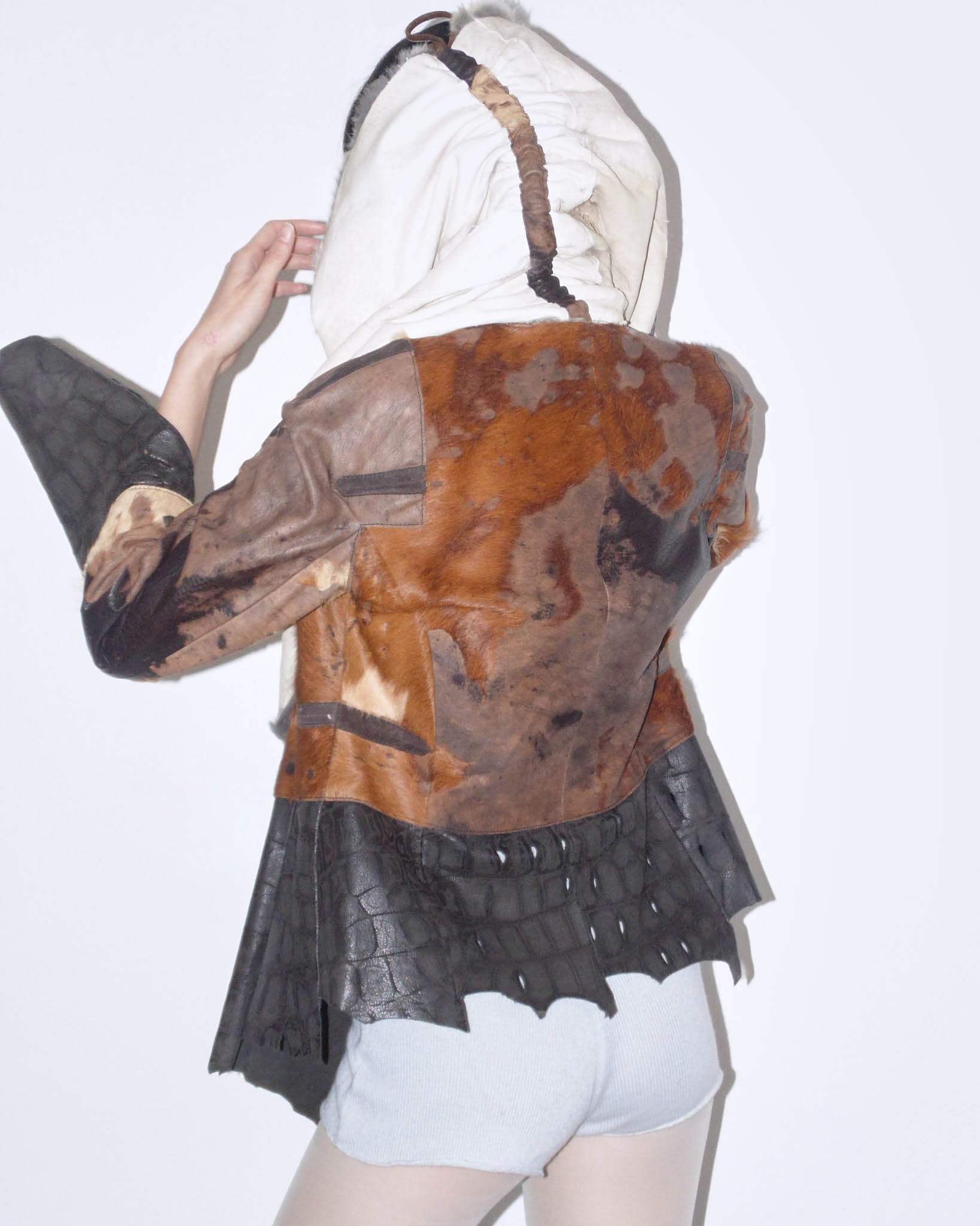 raw cut leather and fur patchwork jacket – ANEMONIA