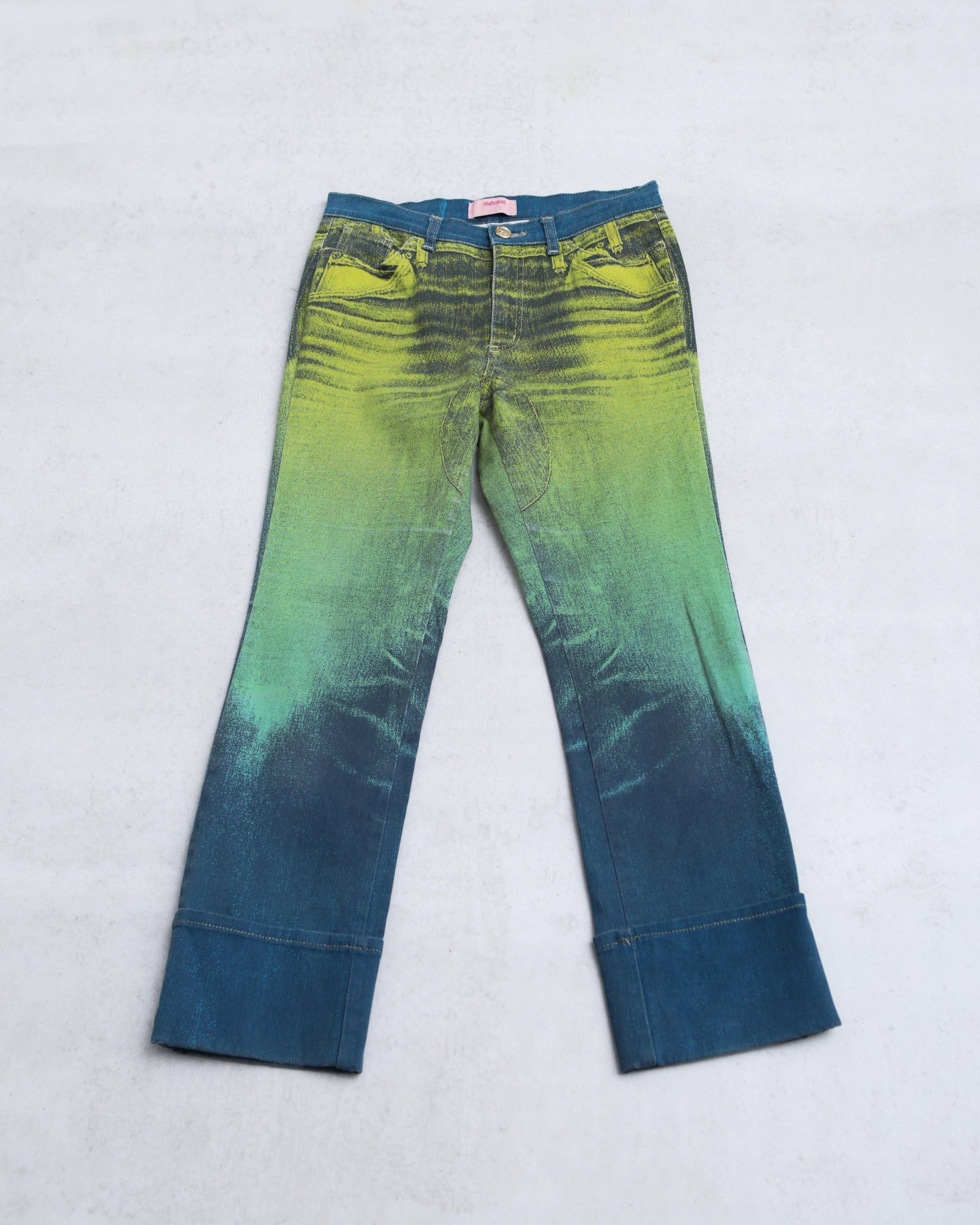 acid green and blue washed denim jeans