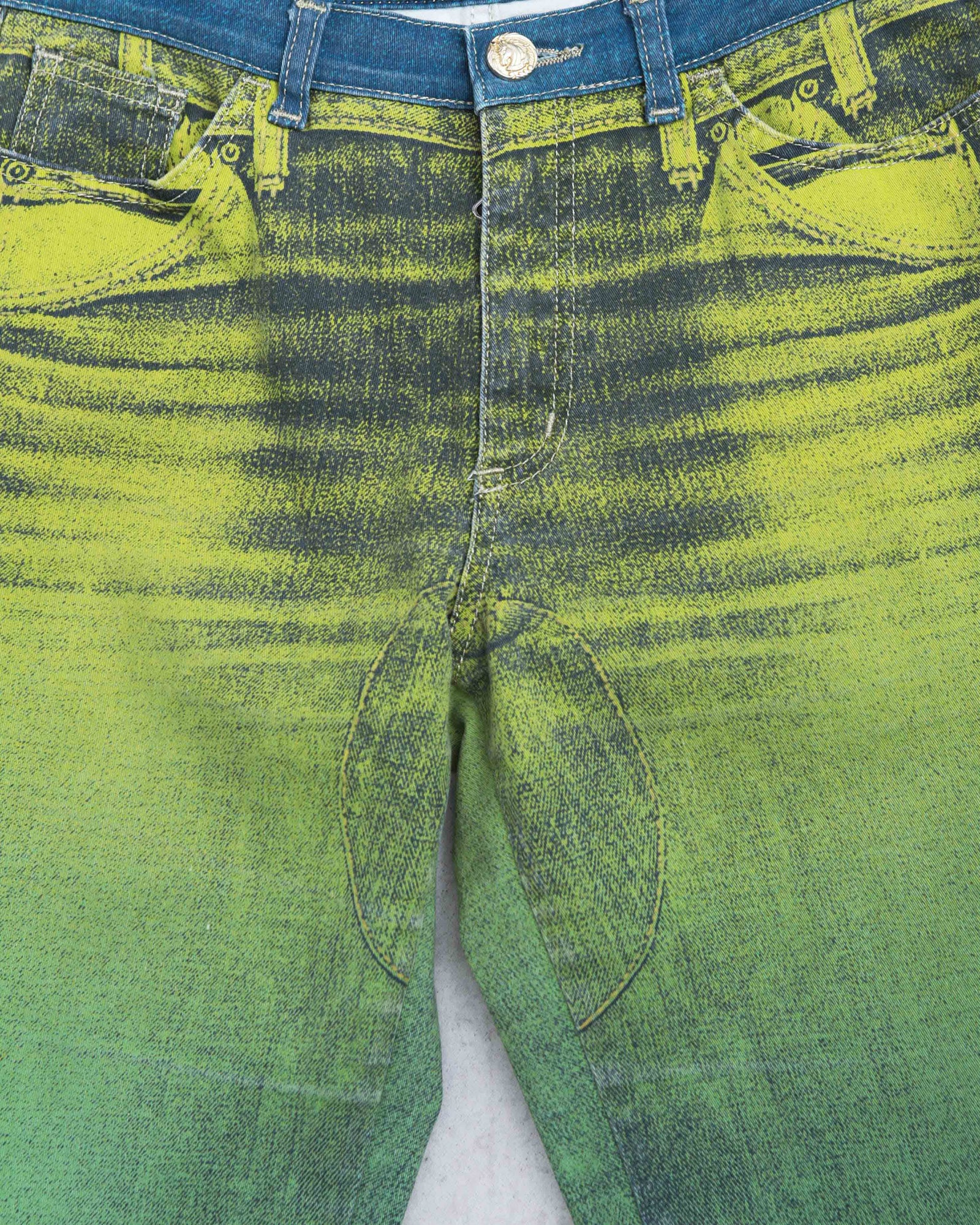 acid green and blue washed denim jeans