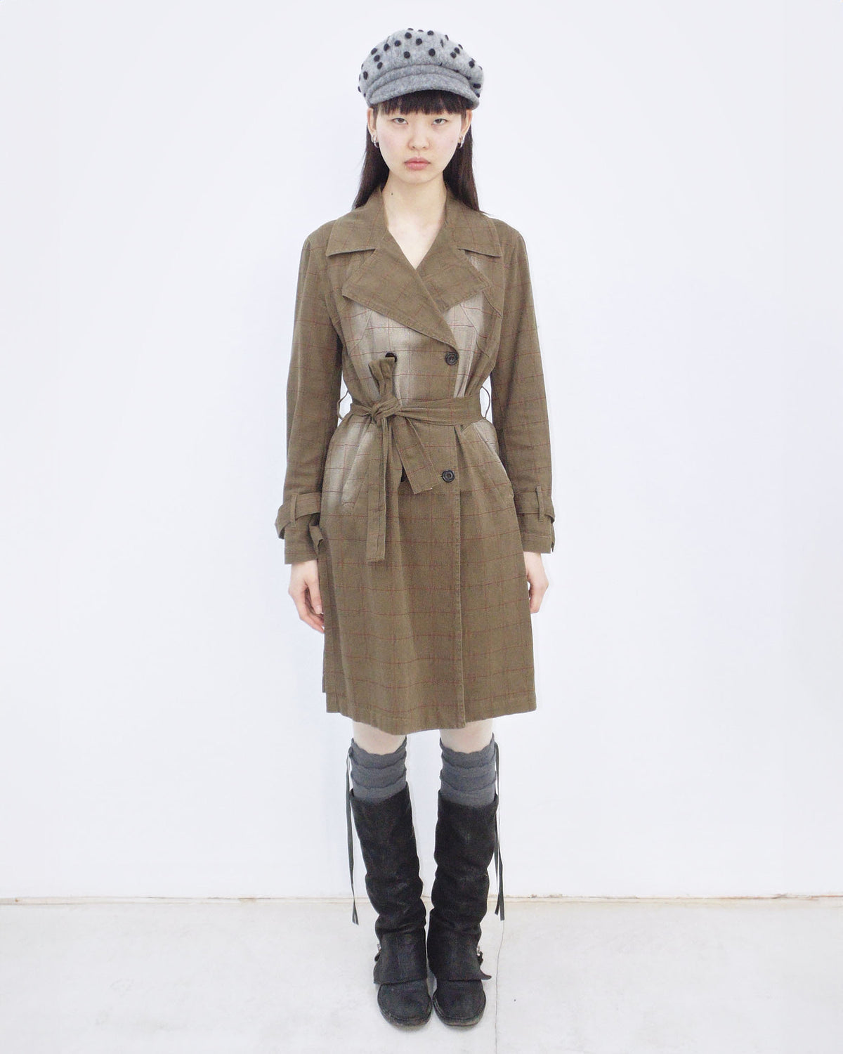 washed brown plaid cotton trench coat