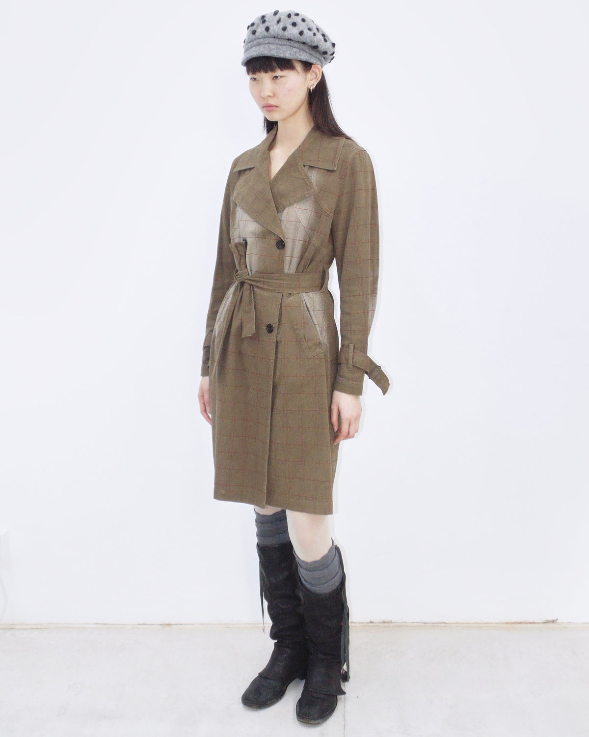 washed brown plaid cotton trench coat