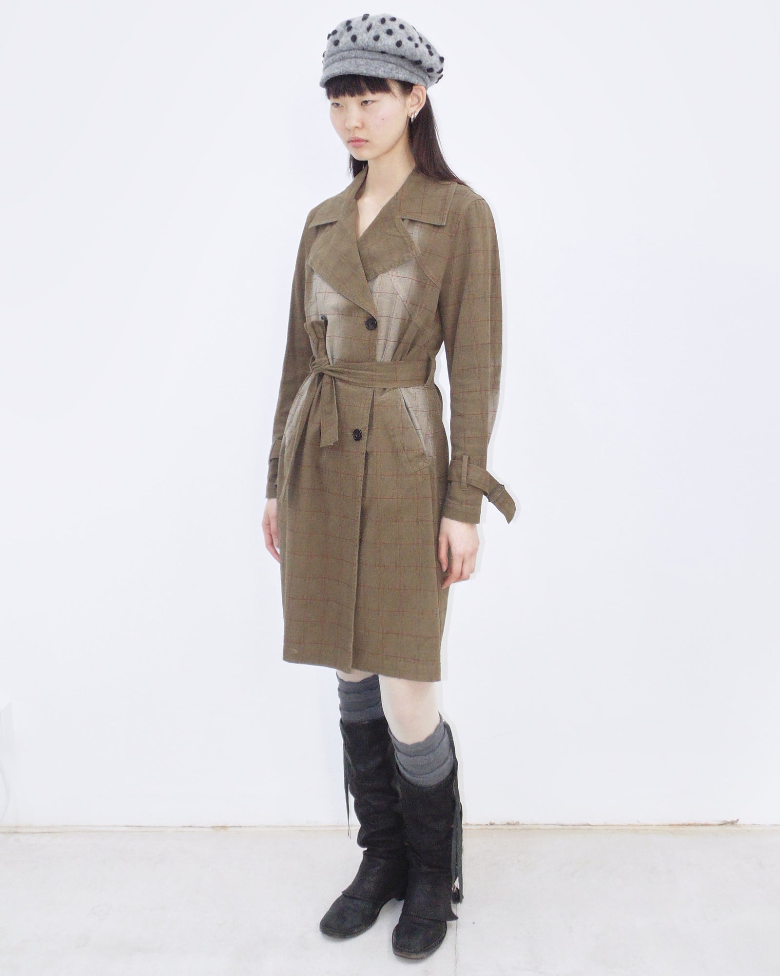 washed brown plaid cotton trench coat