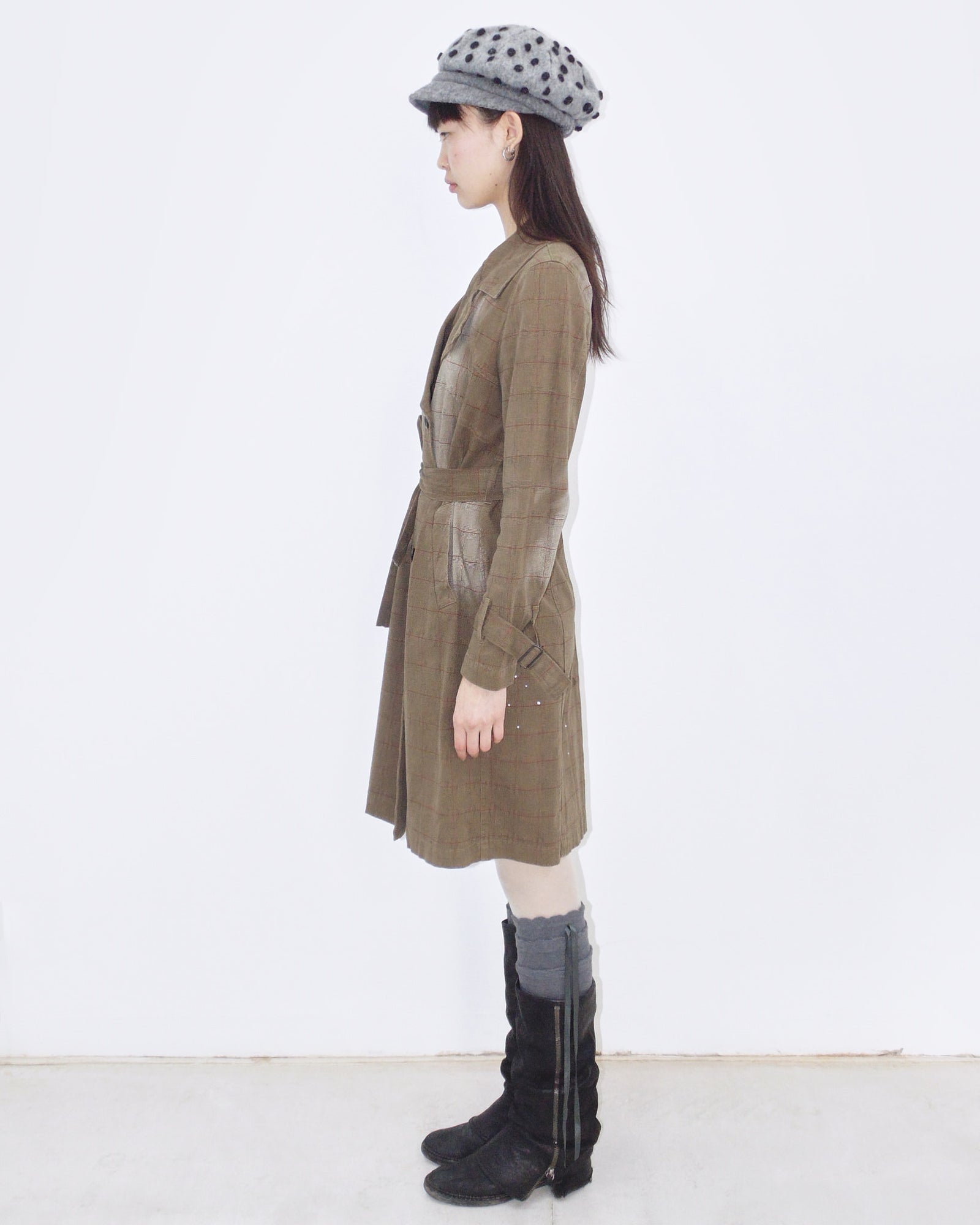washed brown plaid cotton trench coat