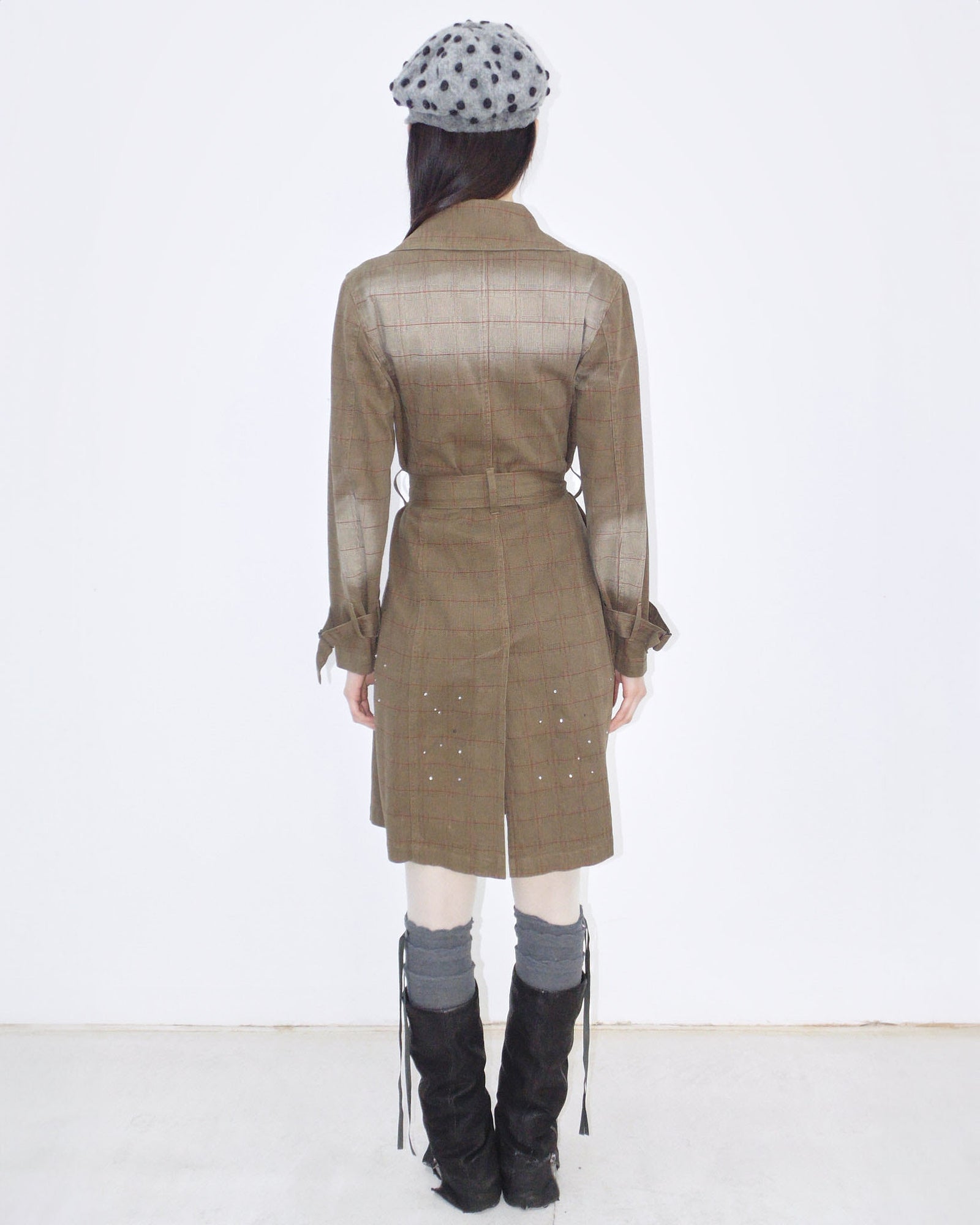 washed brown plaid cotton trench coat
