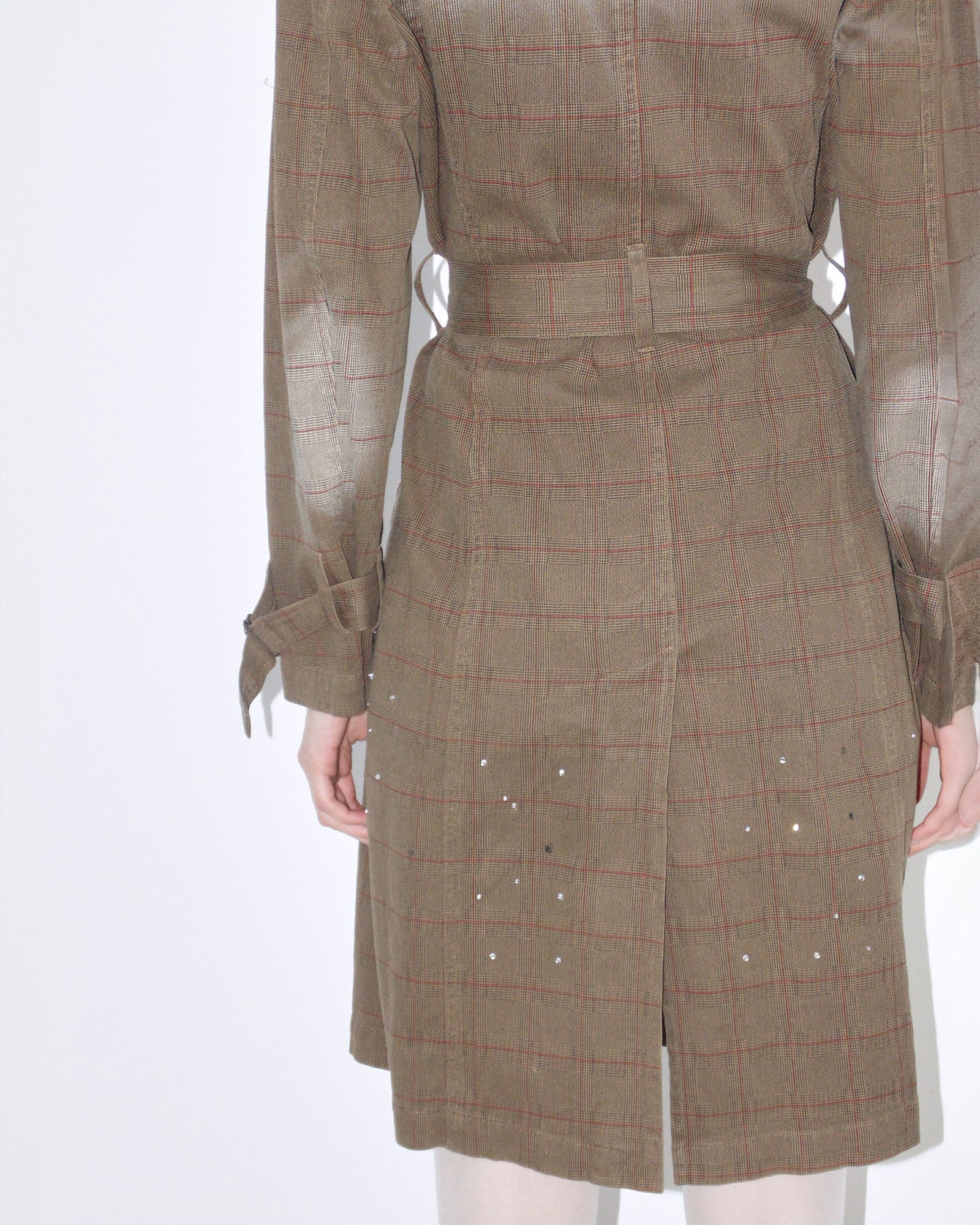 washed brown plaid cotton trench coat
