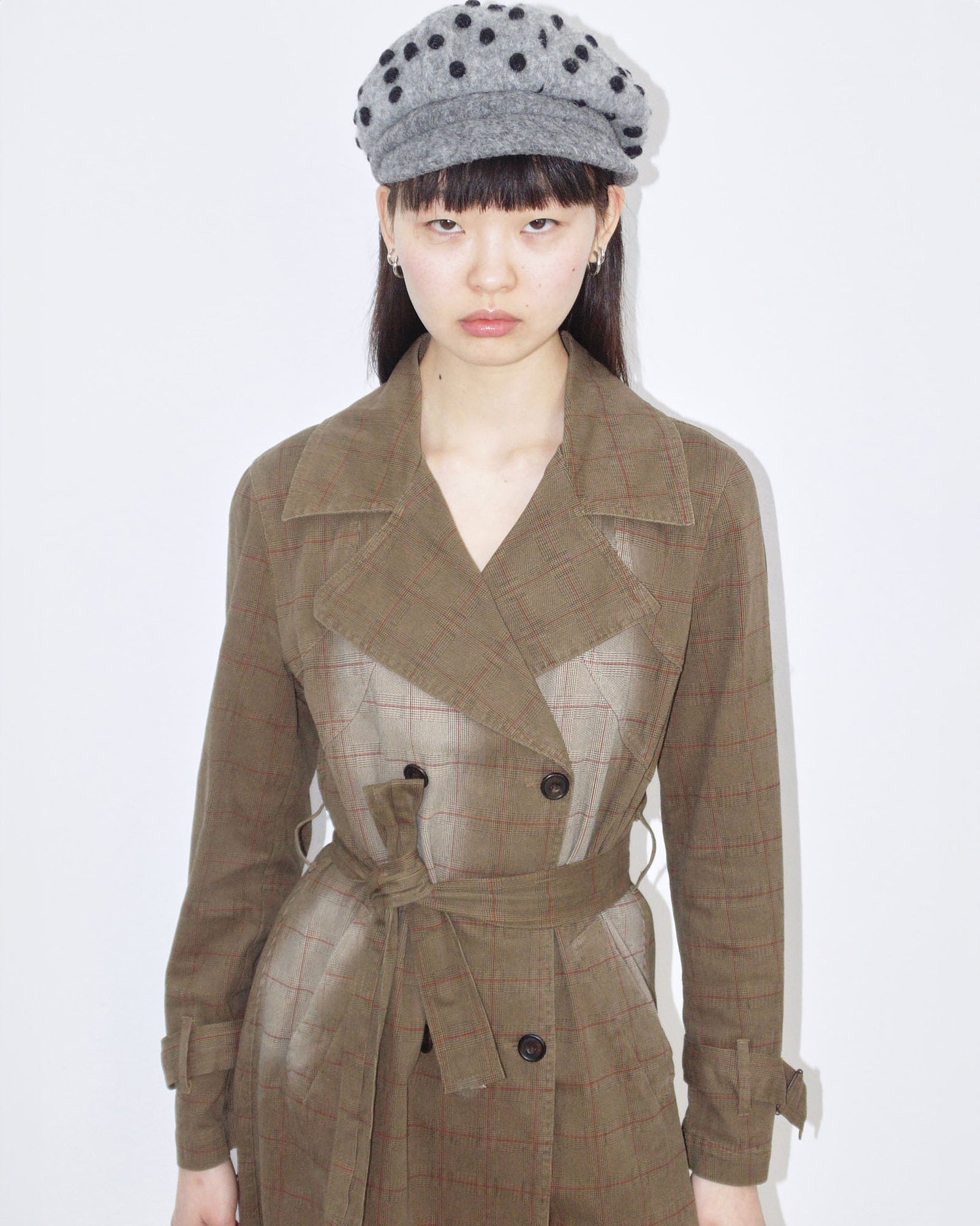 washed brown plaid cotton trench coat
