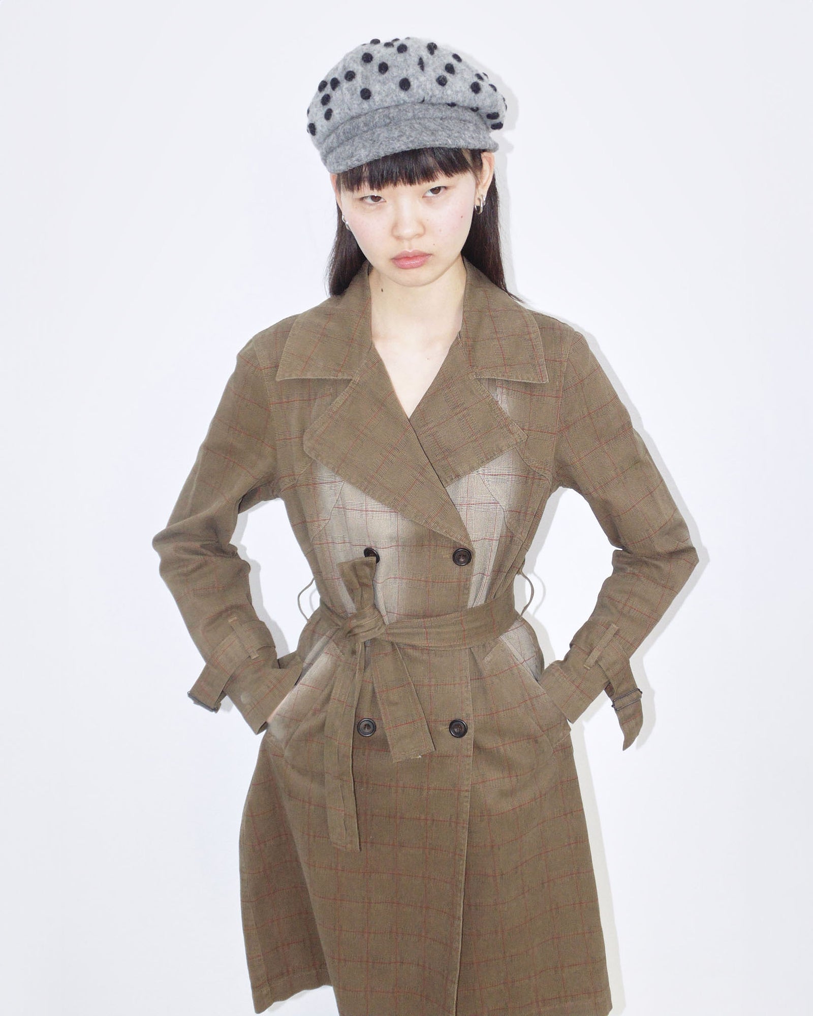 washed brown plaid cotton trench coat