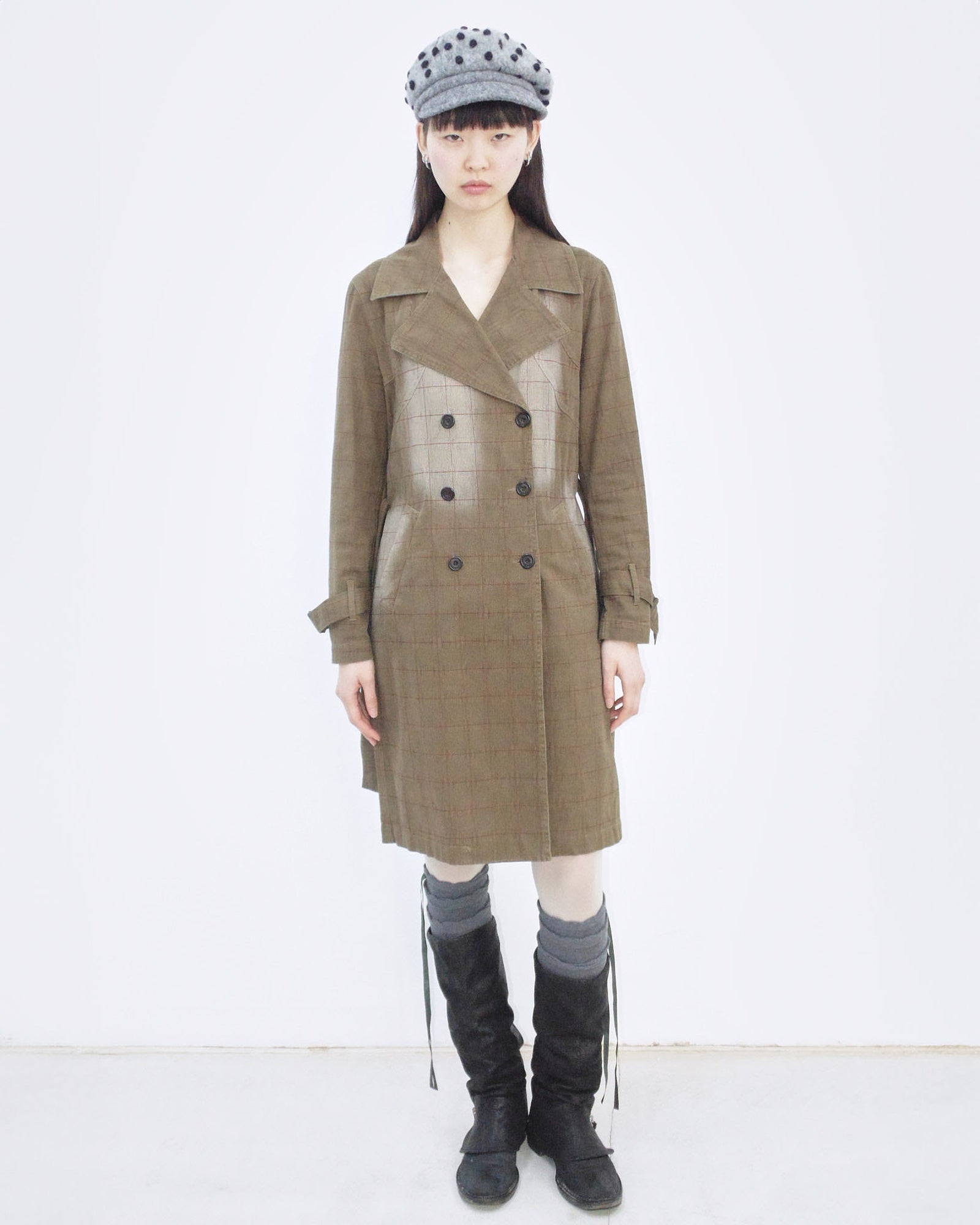 washed brown plaid cotton trench coat