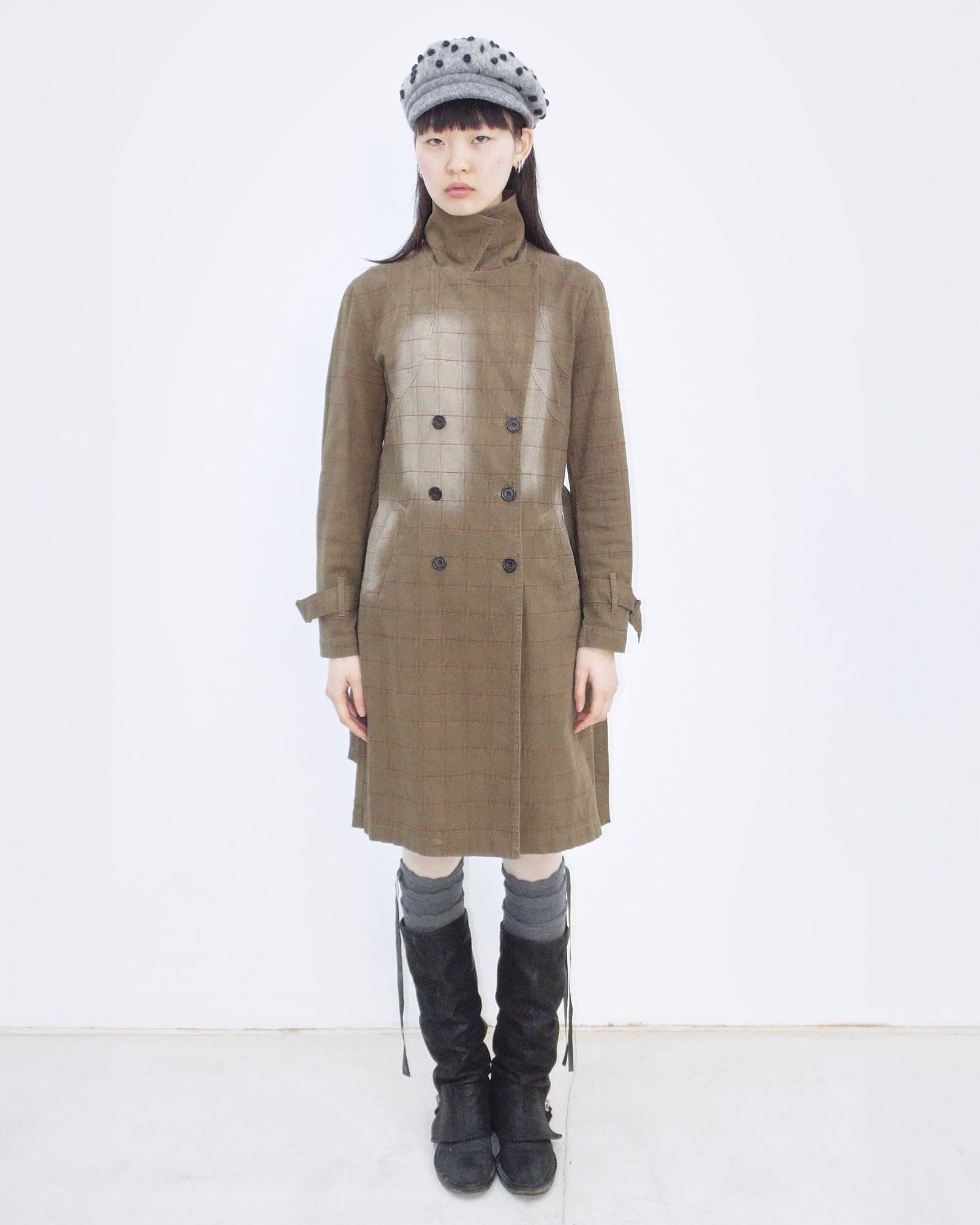 washed brown plaid cotton trench coat