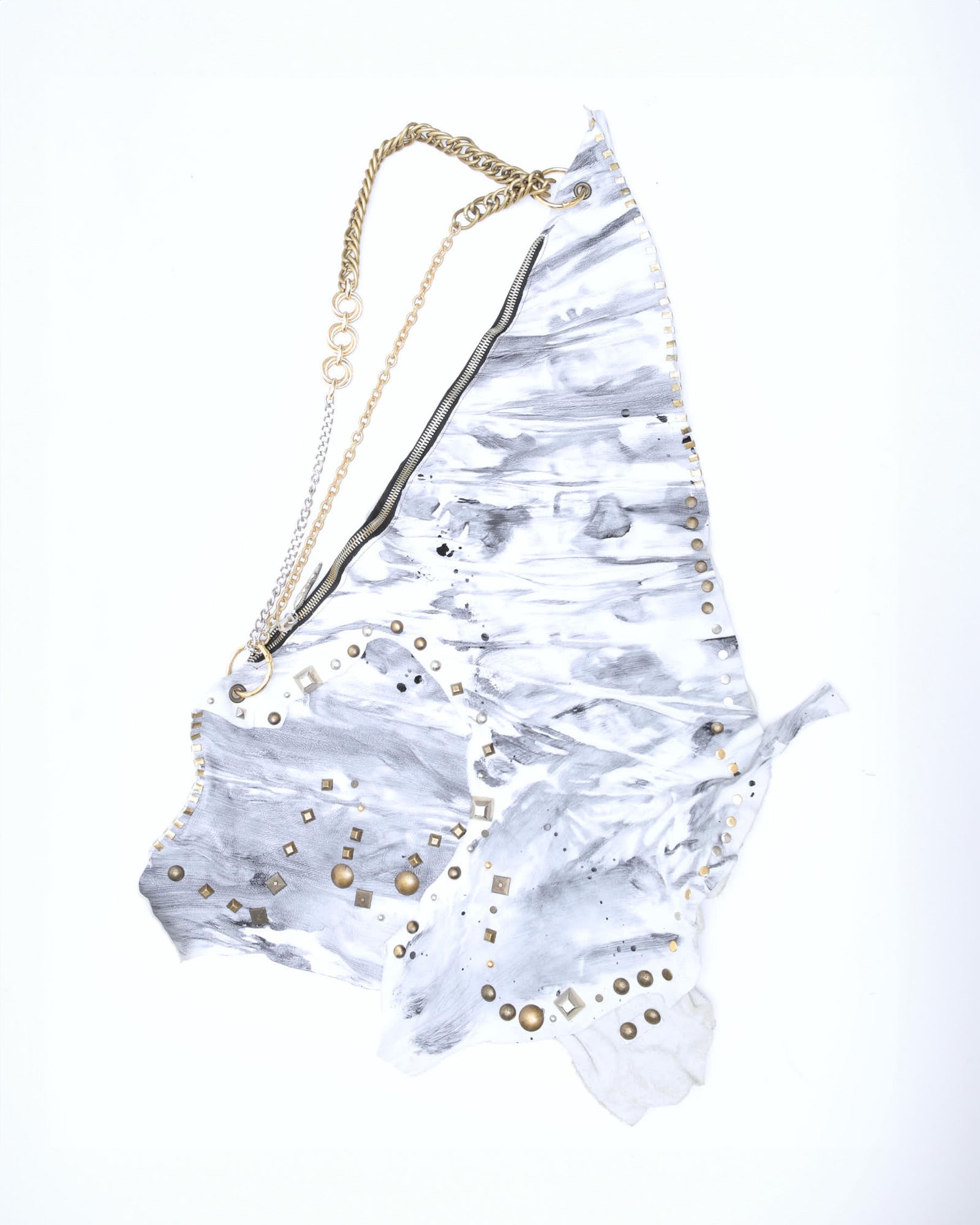white and grey leather raw cut studded maxi bag