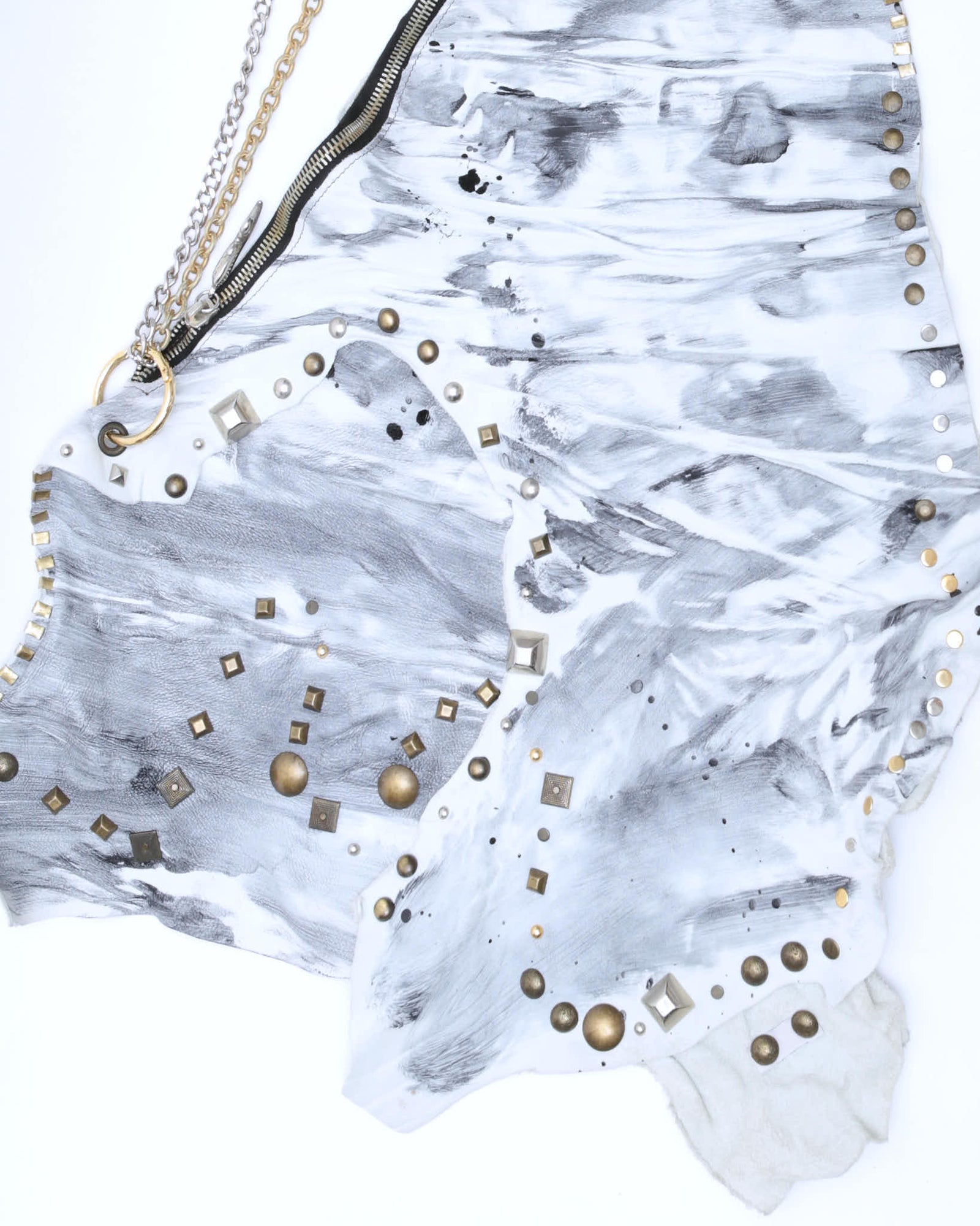white and grey leather raw cut studded maxi bag