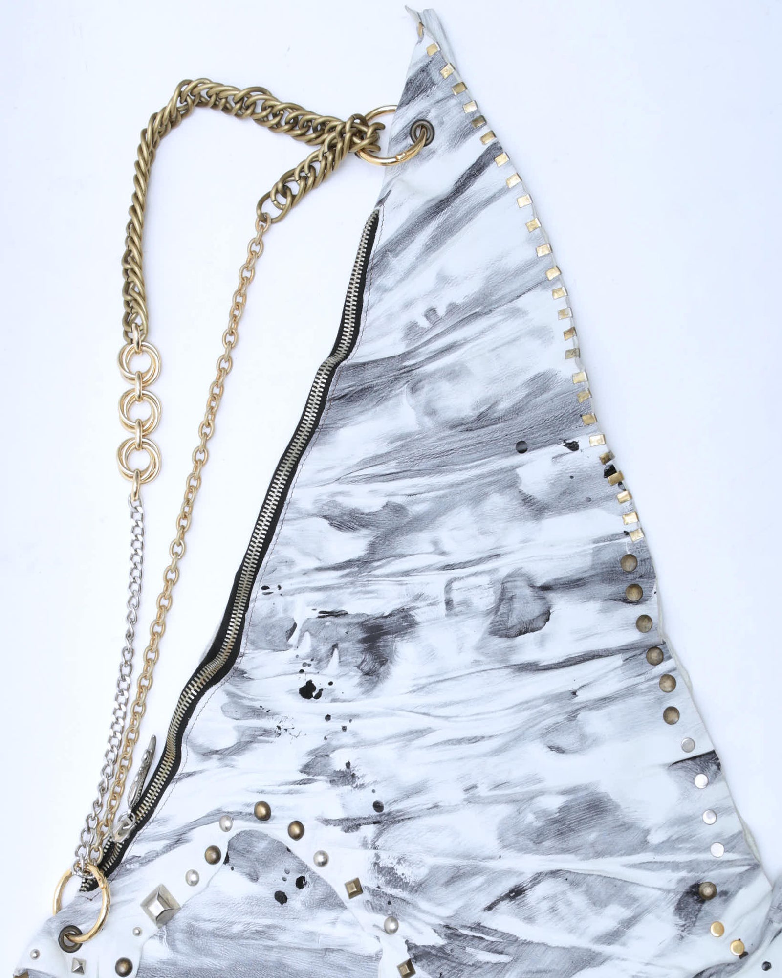 white and grey leather raw cut studded maxi bag