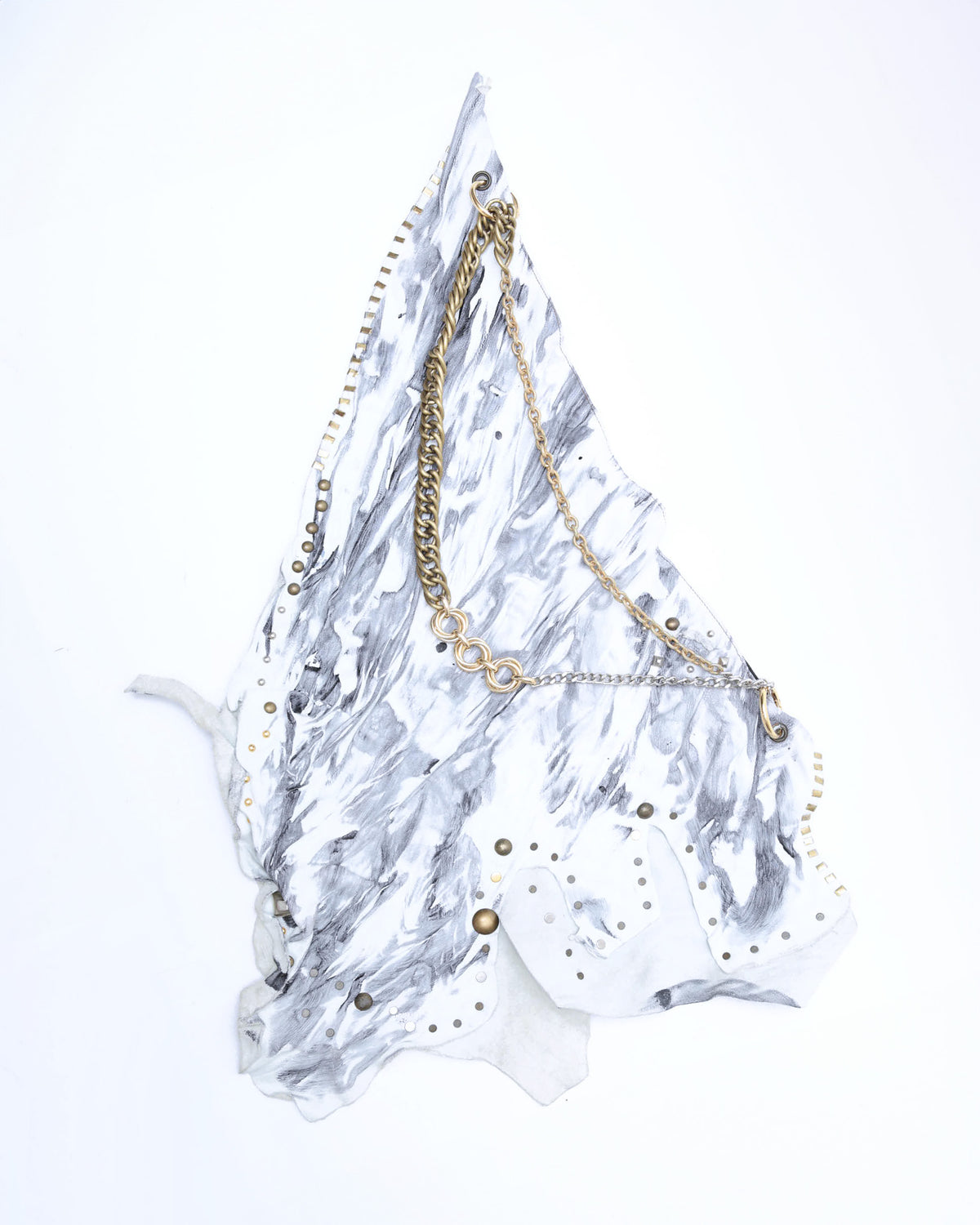 white and grey leather raw cut studded maxi bag