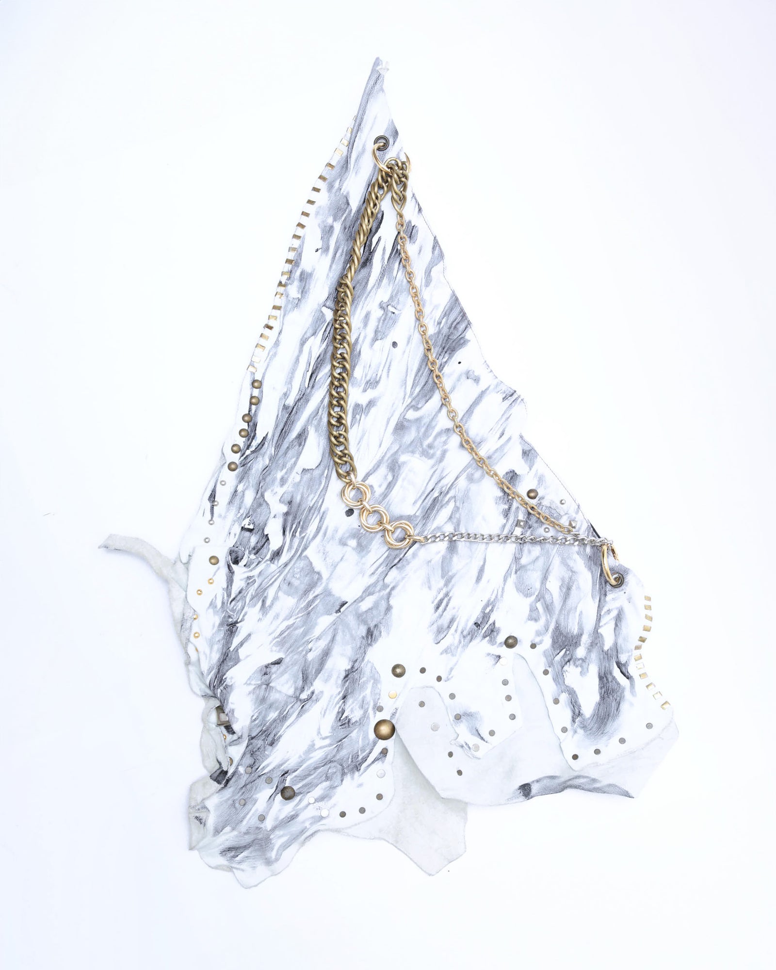 white and grey leather raw cut studded maxi bag