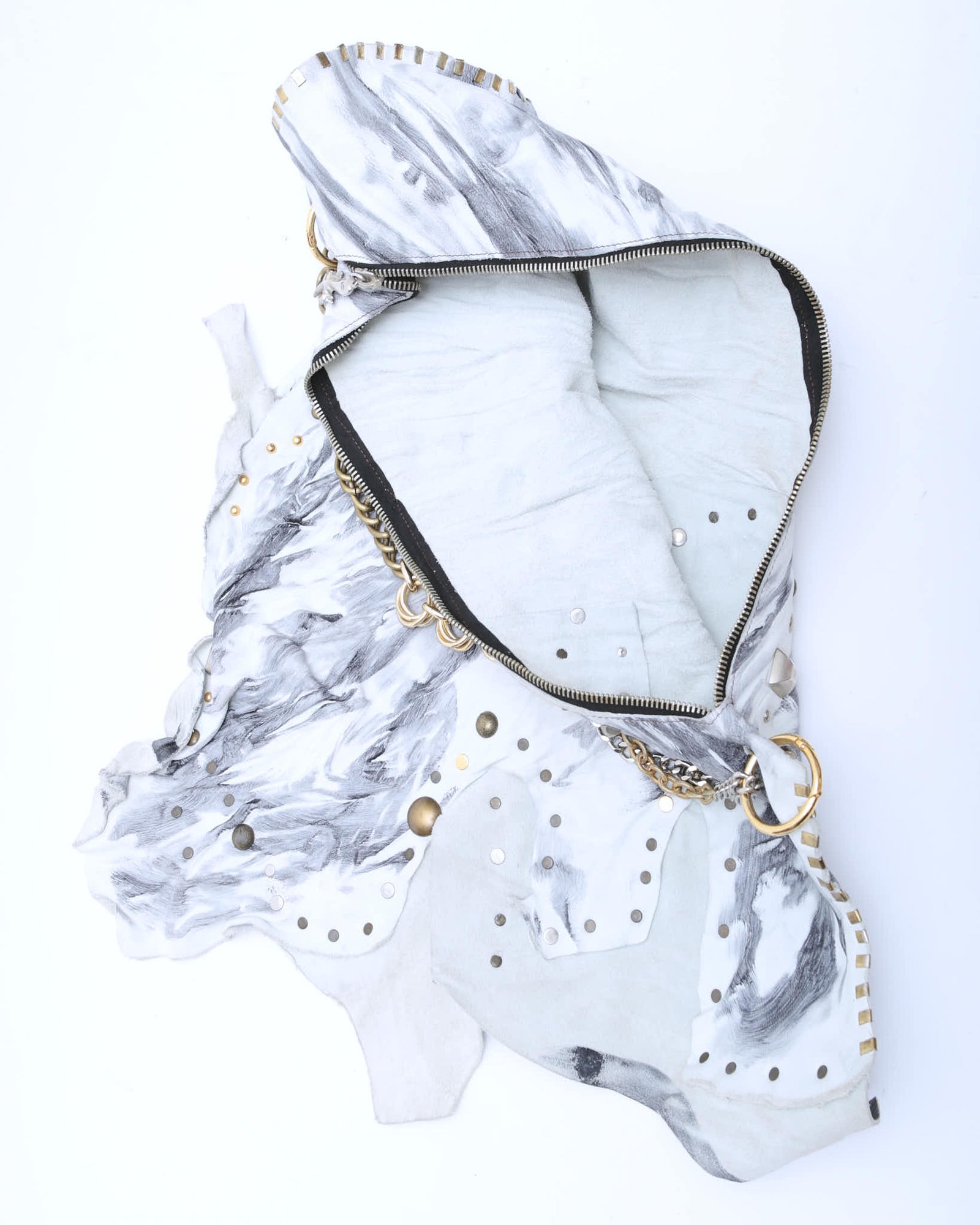 white and grey leather raw cut studded maxi bag