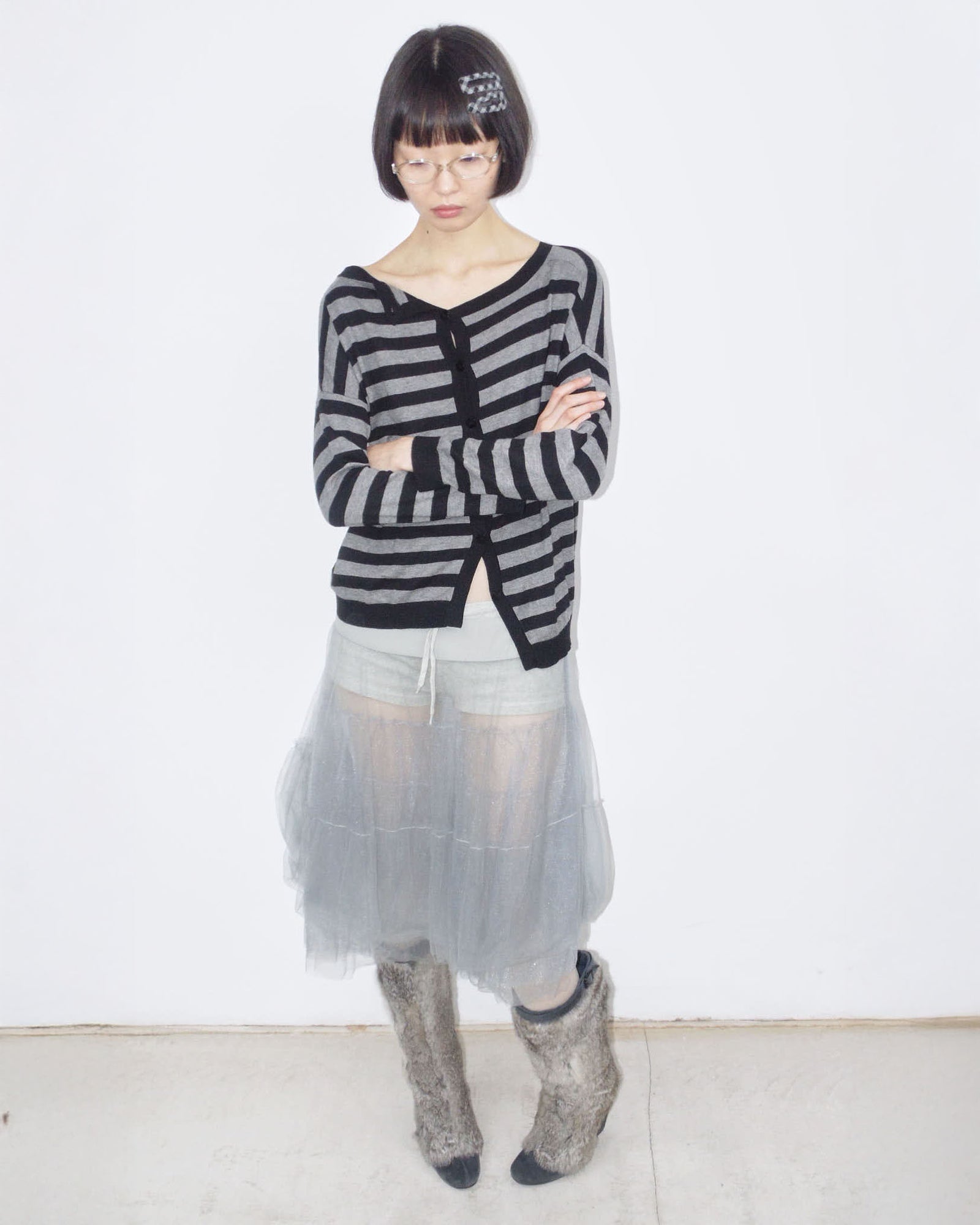 button up black and gray striped cardigan