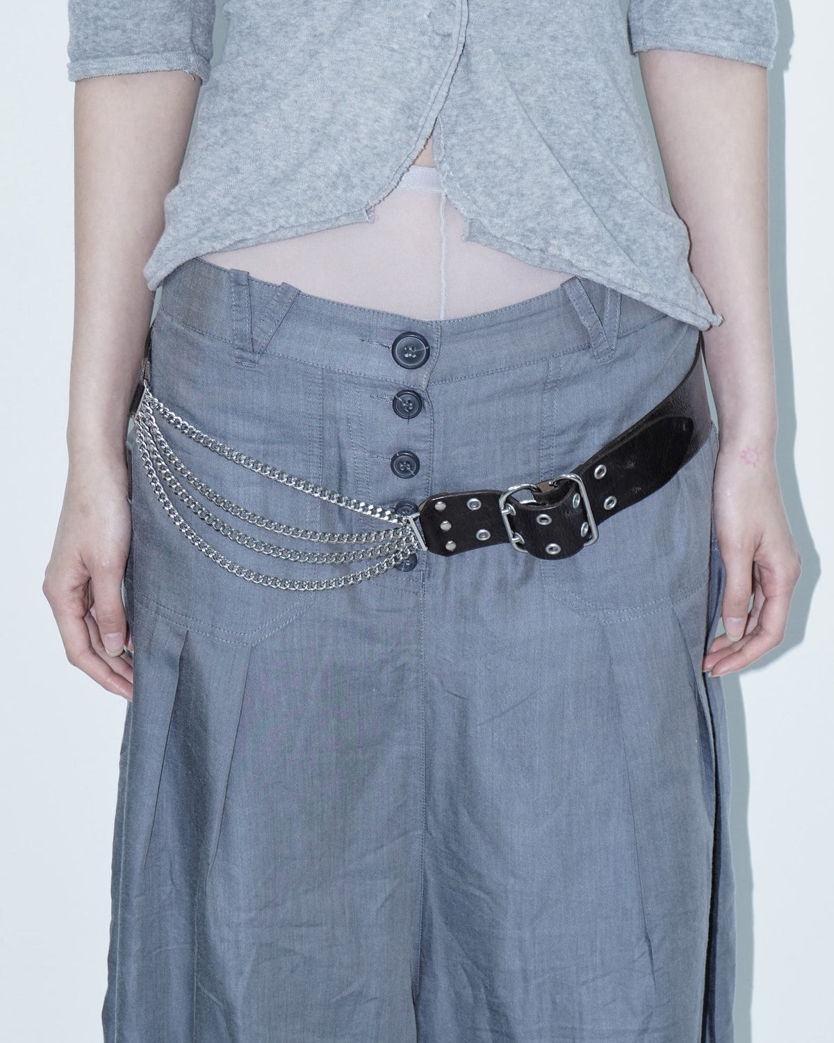 dark brown leather belt with metal chain detail