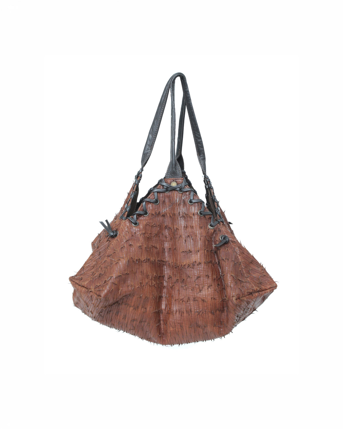 brown and black geometric textured leather bag