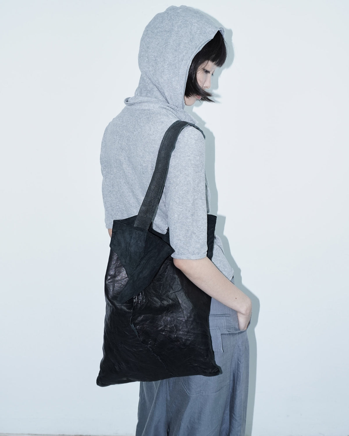 large multi texture black leather tote  bag